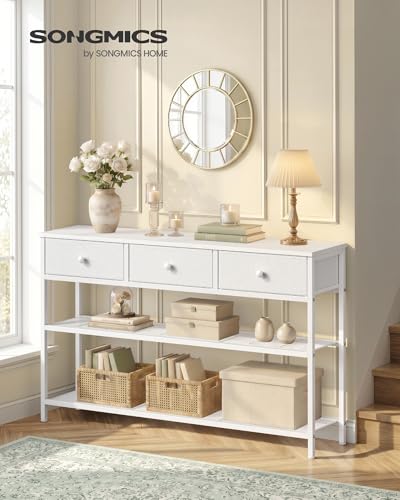 SONGMICS Console Table, Narrow Sofa Table with 2 Mesh Shelves | For Entryway, Living Room, 3 Fabric Drawers, Cloud White, BELLAH Collection ULGS014W101 - color: Cloud White, size: 11.8"D x 44.8"W x 31"H (3 Drawers)