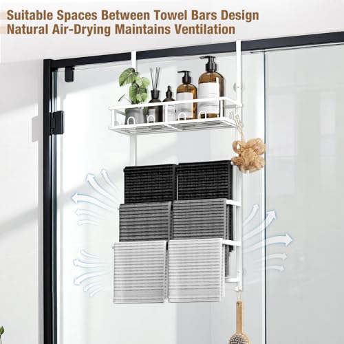 Aetyord Towel Racks for Bathroom Over The Door Towel Rack Towel Storage with Metal Shelf Basket and Hooks White