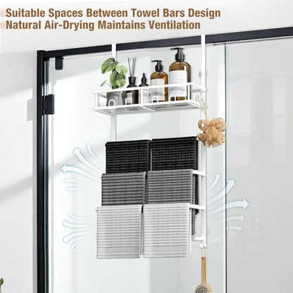 Aetyord Towel Racks for Bathroom Over The Door Towel Rack Towel Storage with Metal Shelf Basket and Hooks White