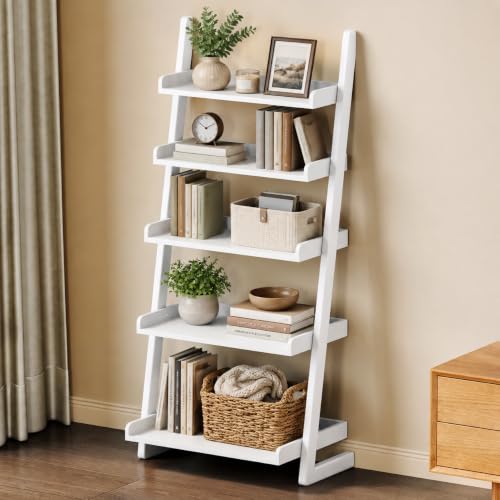 Uniclinens White Wooden Ladder Shelf, 5-Tier Bookshelf with Open Storage, 55.1" H - color: White
