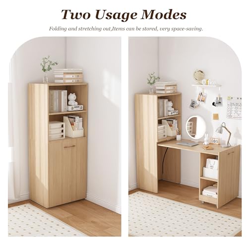 HRVEOCEI Bamboo Fold Out Desk with Storage, Mid Century Hideaway Desk for Small Spaces, Folding Computer Desk for Home Office Bedroom Apartment, Space Saving (Natural Wood) - color: Natural Wood