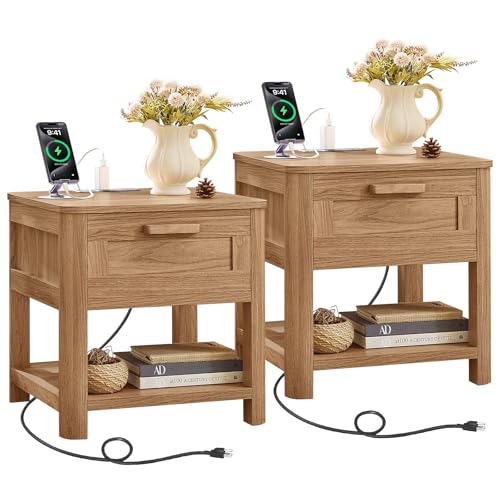 Joaxswe Farmhouse Side Table Set of 2 Living Room, Brown | Small Nightstand with 1 Drawers & Open Shelving & 4 Thickened Table Legs & Rounded Corners - color: Dark Wood, size: Set of 2