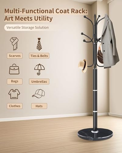 Modern Coat Rack Stand, Metal Freestanding Coat Rack with Natural Marble Base, Heavy-Duty Coat Racks with 12 Hooks,Black Coat Hanger Tree Stand for Office, Entryway, Hallway - color: Black