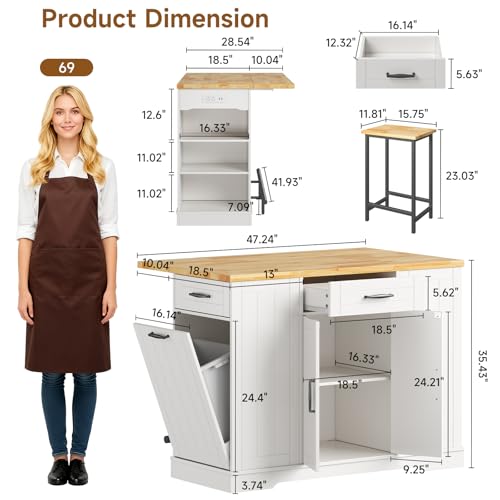 47" Kitchen Island with Seating, Stationary Island Table with Storage Include 2 Chairs, Kitchen Islands with Drop Leaf, Dining Table with Trash Cabinet & Power Outlet & Spice Rack, White - color: White