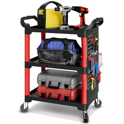 Auto Dynasty 3-Level Rolling Cart 120 kg/260 w/Pegboard, Garage, Black/Red | 3-Tier Rolling Utility Storage Cart, 260Lbs/120Kg Cap, Pegboard & Storage Tray, Steel Frame, for Garage/Warehouse/Workshop - style: with 1 side Pegboard