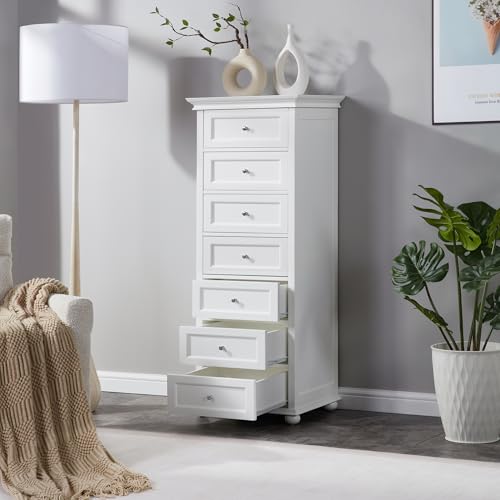 Tall White Dresser for Bedroom with 7 Drawers, 52" Tall Skinny Dresser | Modern White Tall Chest of Drawers Dresser，Wooden Lingerie Dresser Tall Narrow，Crown Molding and Solid Wood Ball Legs - color: White