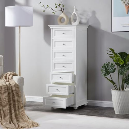 Tall White Dresser for Bedroom with 7 Drawers, 52" Tall Skinny Dresser | Modern White Tall Chest of Drawers Dresser，Wooden Lingerie Dresser Tall Narrow，Crown Molding and Solid Wood Ball Legs - color: White