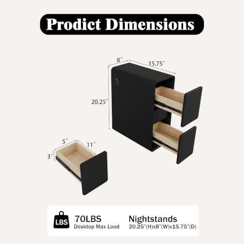 Modern Leather Nightstands of 2, Solid Wood Bedside Table with 2 Drawers & USB Charging Station, Small Preassembled End Table, Narrow Nightstand for Bedroom Living Room Office Black - color: Black, size: 8"