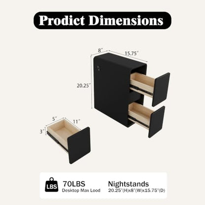 Modern Leather Nightstands of 2, Solid Wood Bedside Table with 2 Drawers & USB Charging Station, Small Preassembled End Table, Narrow Nightstand for Bedroom Living Room Office Black - color: Black, size: 8"