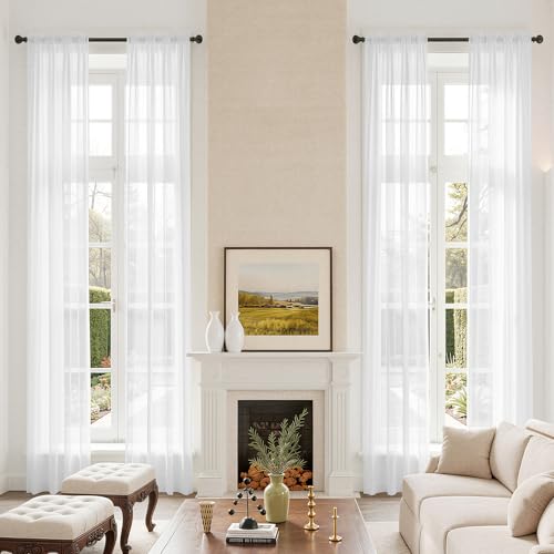Extra Long White Semi Sheer Curtains 156 Inches, Rod Pocket High Ceiling Light Filtering 2 Story Tall Windows Drapes for Living Room 1 Panel 52x156 - color: White, size: 52"W x 156"L (Pack of 1)