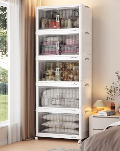 BROVIEW 400Qt Stackable Storage Bins with Lid for Home Dorm, 5Pack White | Closet Organizers, Foldable & Collapsible Cabinets, Large Containers, Wheels & Magnetic Doors, Plastic Drawers for School - color: White, size: 80QT-5Pack