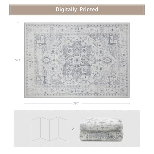 Washable Rugs 5x7 Area Rugs for Living Room,Bedroom,Dining Room,Playroom | Ultra Soft Faux Wool,Kids&Pet Friendly,Machine Washable,Non-Slip&Non-Shedding,Large Low Pile Vintage Carpets for Home Office - color: Grey/Cream/White/Light Blue, size: 5' x 7' (Re
