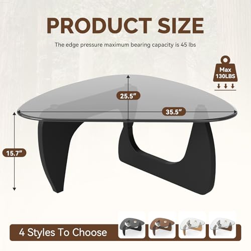 Modern Glass Coffee Table, Triangle Center Table with Tempered Glass Top& Unique Wooden Base, 35.5” Mid Century Tea Tables for Living Room, Apartment, Office,Black & Grey - color: Black & Grey, size: Medium 35.5*25.5*15.7in