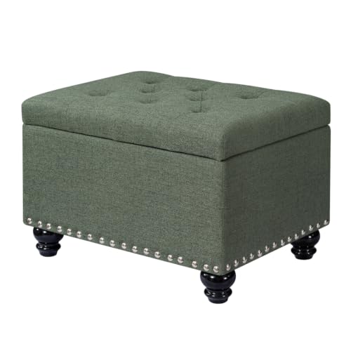 Ottoman with Storage, Fabric Ottoman Foot Rest 24" Rectangle Tufted Foot Stools Ottomans with Hinged Lid Upholstered Button Ottomans for Bedroom Living Room Entryway, Green - color: Green