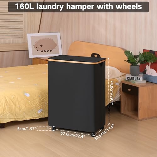 IEGrow Laundry Hamper with Lid,160L Laundry Basket with 3 Mesh Bags,Black | Dirty Clothes Hamper Basket with Bamboo Handle for Clothes Towels - color: Black, size: 160L