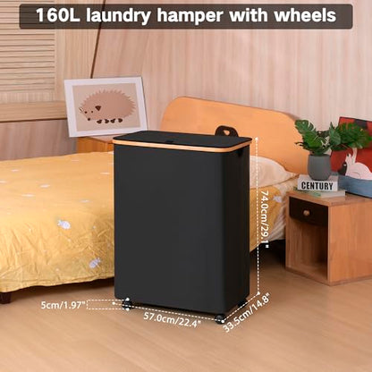 IEGrow Laundry Hamper with Lid,160L Laundry Basket with 3 Mesh Bags,Black | Dirty Clothes Hamper Basket with Bamboo Handle for Clothes Towels - color: Black, size: 160L