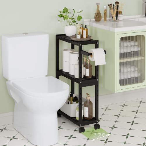 RRX Bamboo Rolling Cart,Slim 3-Tier Standing Shelf Units on Wheels (Black) | Bamboo Shelves Utility, Storage Corner Shelf Cabinet for Narrow Space, Toilet Paper Organizer for Bathroom, Kitchen - color: Black