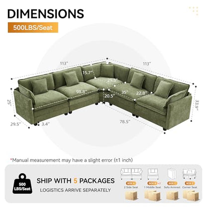 113'' V Shaped Cloud Sectional Sofa, Oversized Deep Seat Couches for Living Room, Chenille Comfy Upholstered Modular Sectional Sofa Couch, Green - color: Green, size: 113'' V Shape