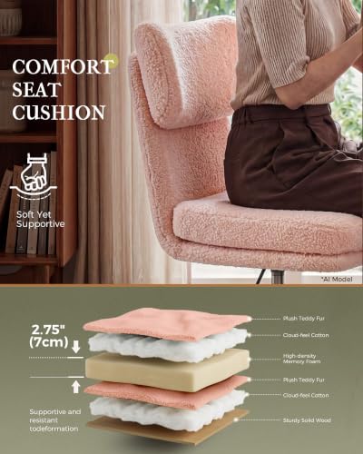 COMHOMA Vanity Chair with Ergonomic Curved Backrest, Home Office Desk Chair with Silent Wheel, Wide Seating Computer Chair for Girls Women Bedroom, Soft Teddy Fabric, Pink - color: Pink, Teddy Fleece
