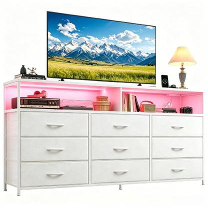 55" W Dresser for Bedroom with 9 Drawers LED, Power Outlets Fits 65" TV | TV Stand for 45, 55, 65 Inch TV Sturdy Long Chest of Drawers with Extra 2 Wooden Shelves Steel Frame PU Leather Drawer - color: White