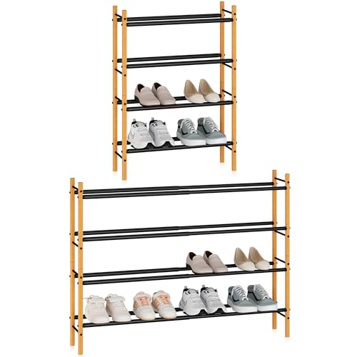 Storage MANIAC Expandable Shoe Rack, 16 Pairs Stackable Small Shoe Rack, Metal Adjustable Shoes Organizer for Closet, Entryway, Hallway, Garage, Front Door, Shoes Shelves, Bamboo 4 Tier - size: 4 Tier