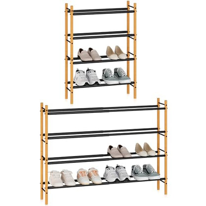 Storage MANIAC Expandable Shoe Rack, 16 Pairs Stackable Small Shoe Rack, Metal Adjustable Shoes Organizer for Closet, Entryway, Hallway, Garage, Front Door, Shoes Shelves, Bamboo 4 Tier - size: 4 Tier