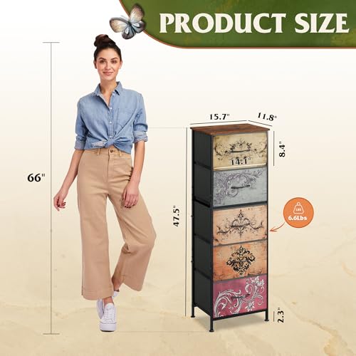 WLIVE Tall Dresser for Bedroom, 5 Drawer Dresser, Pattern | 5 vertical fabric drawers, Tall vertical design, Bedroom or closet use, Dresser for small spaces, Chest of drawers - color: Pattern