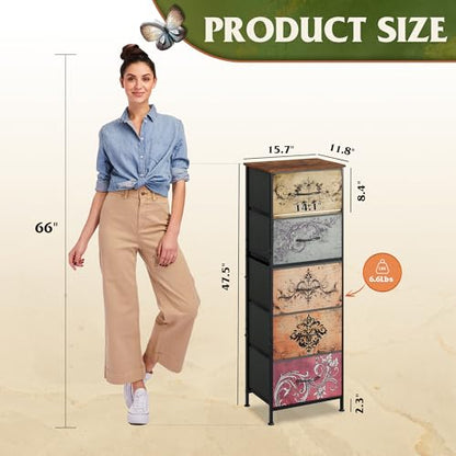WLIVE Tall Dresser for Bedroom, 5 Drawer Dresser, Pattern | 5 vertical fabric drawers, Tall vertical design, Bedroom or closet use, Dresser for small spaces, Chest of drawers - color: Pattern