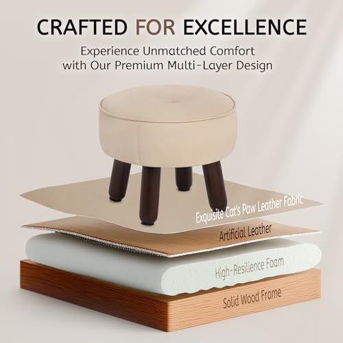 oakvivo 13in Small Foot Stool Ottoman,Round Faux Leather Footrest for Couch | Under Desk Pouf Footstool Foot Rest with Non-Skid Rubber Legs for Ling Room, Bedroom, 13''L x 13''W x 10.2''H, Beige - color: Beige