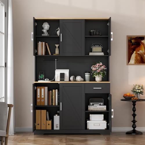 Gyfimoie 71’’ Farmhouse Kitchen Pantry Cabinet, Tall Storage Cabinet with Power Outlet, Freestanding Hutch with Drawer, 4 Adjustable Shelf & 6 Doors for Kitchen Living Room (Black) - color: Black