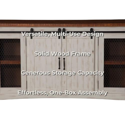 Martin Svensson Home Rustic 65" Wood Entertainment Center, White and Honey | Solid Pine, TV Stand, Sliding Doors, Adjustable Shelves & Cable Management, for TVs up to 70" - color: Antique White and Aged Distressed Pine