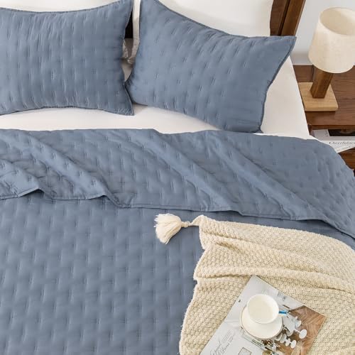 EMME Quilts Queen Size Bedding Sets, Dusty Blue Bedspread Soft Lightweight Pre-Washed Quilt, 3 Piece Cozy Reversible Microfiber Ultrasonic Coverlet with Pillow Sham (Leaf Pattern,90"x90") - color: 06-dusty Blue (Leaf), size: Full/Queen(90" x 90")