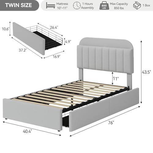 GarveeHome Twin Bed Frame, Platform Bed with Storage Headboard & Drawers | Boucle Upholstered Bed Frame for Kids, Bookcase Headboard, No Box Spring Needed, Easy Assembly, Light Gray - color: Light Gray, size: Twin