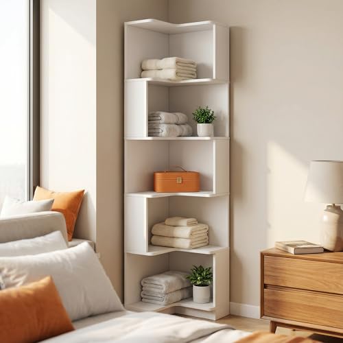 Corner Bookshelf, 5 Tier Tall Corner Bookcase with LED Lights, Freestanding L Shaped Open Display Shelf for Living Room, Bedroom, Home Office (White) - style: White-without drawers