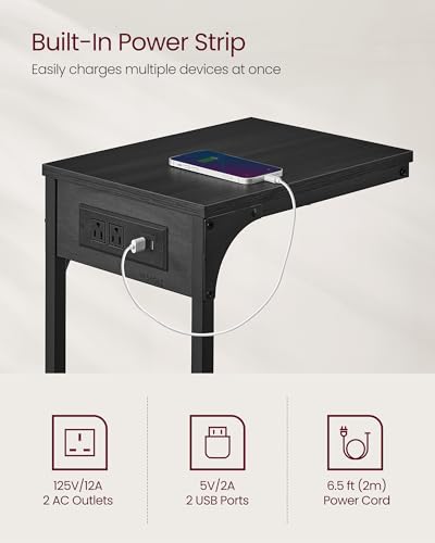 VASAGLE C-Shaped Side Table with Charging Station, 2 USB Ports and Outlets | End Table, C Table for Couch, Sofa, Adjustable Feet, for Bedroom, Living Room, Gray Oak, BARNET Collection ULET362G01 - color: Gray Oak