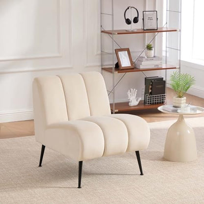 Velvet Slipper Chair, Armless Upholstered Accent Chair with Black Metal Legs, Modern Lounge Chair for Living Room, Bedroom, Office & Reading Nook (Beige+Metal) - color: Beige+metal