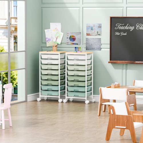 Ekisemio Utility Cart Organizers with Wheels and 8 Drawers, Little Rolling Craft Cart with Wooden Tabletop for Classroom, Office, Living Room, Craft Room, Green