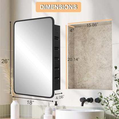 18x26 Medicine Cabinet with Mirror, Bathroom Storage Cabinet Mirror | Wall-Mounted or Recessed, Black Metal Frame, Adjustable Glass Shelves, Bathroom Vanity Mirror with Storage - size: 18"W x 26"H