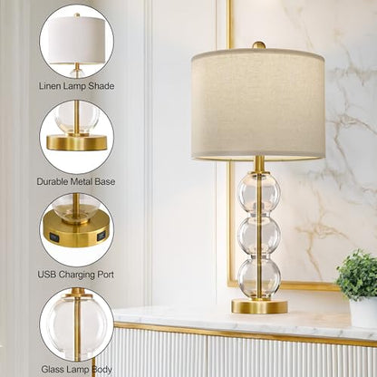 25" Glass Table Lamps Set of 2, Gold Modern Table Lamps with USB Ports for Living Room, Linen Shade Bedside Lamps for Bedroom, Nightstand, Side Table (Bulbs not Included) - color: Gold
