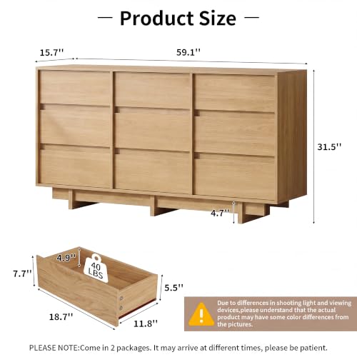 9 Drawer Oak Dresser for Bedroom, 59" Wide Mid Century Modern Dresser | Dresser with Sleek Handleless Design, Wooden Large Chest of Drawers with Elevated Base for Bedroom, Living Room - color: Oak, size: 15.7"D x 59.1"W x 31.5"H (9 Drawers)