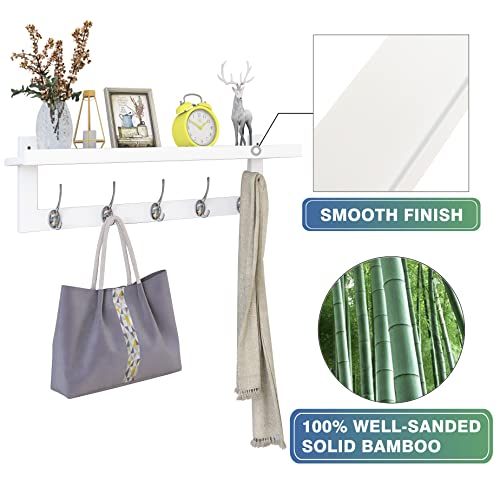 SMIBUY Coat Hooks with Shelf Wall-Mounted, 29.2 Inch Entryway Coat Rack for Wall, Bamboo Hanging Shelf with 5 Double Metal Hooks for Bathroom, Bedroom, Kitchen, Living Room, Mudroom (White) - color: White
