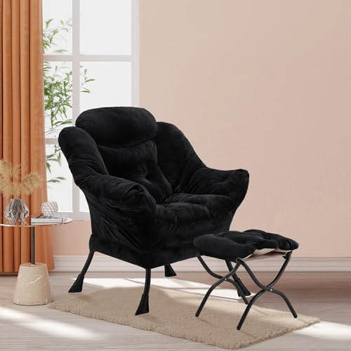 Youtanic Lazy Chair with Folding Ottoman, Accent Chair Plush Upholstered with Metal Structure and Non-Slip Pads, Sofa Armchair with Footrest and Side Storage Bag for Dorm, Room, Office, Black - color: Plush Black