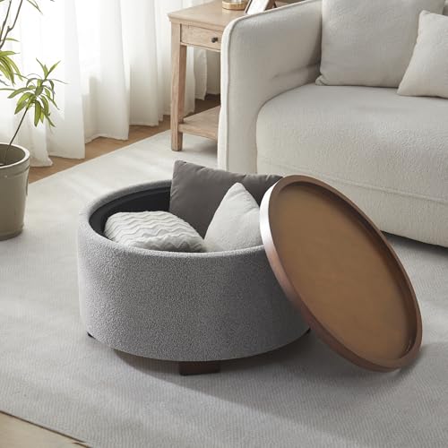 Zihanhome 30 Inch Round Storage Ottoman, Ottoman Coffee Table with Lift Off Lid, Boucle Modern Ottomans with Storage for Living Room, Bedroom, Apartments (Light Grey) - color: Light Grey