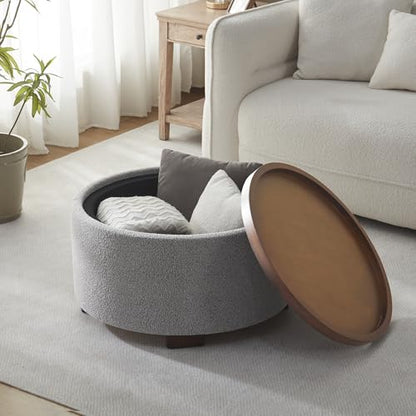Zihanhome 30 Inch Round Storage Ottoman, Ottoman Coffee Table with Lift Off Lid, Boucle Modern Ottomans with Storage for Living Room, Bedroom, Apartments (Light Grey) - color: Light Grey