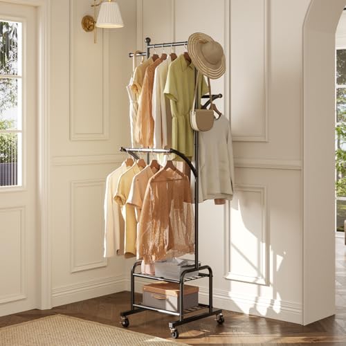 Rolling Clothes Rack with 2 Shelves, Small Metal Clothing Rack with Wheels | Gasvadivum 71" Tall Sturdy Garment Rack with 3 Hanging Rods, Freestanding Portable Coat Rack for Bedroom, Entryway, Black - color: Black