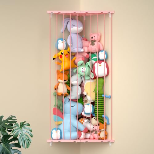 Stuffed Animal Storage Shelf Organizer(Patented) - Corner Stuffed Animal Holder Length Adjustable - Wall Plush Storage for Nursery Playroom Bedroom Kids Room (Pink, Extra Large) - color: Pink, size: X-Large