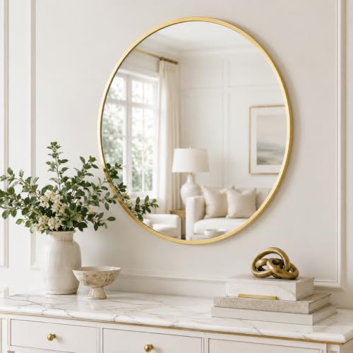 Garvee 36 Inch Round Wall Mirror Gold Metal Frame Circle Mirror Bathroom Decor - color: Gold, size: 36"L x 36"W