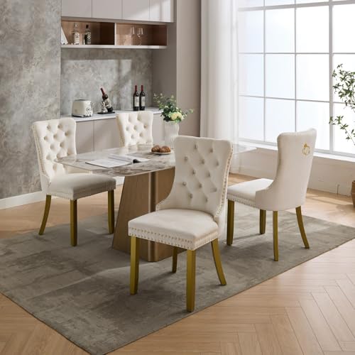 KEIKI Upholstered Velvet Dining Chair, Mid-Century Tufted Accent Seat | with Golden Solid Wood Legs for Dining Room Kitchen Room, Milk White - color: Milk White