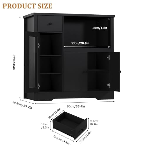 GarveeHome Kitchen Microwave Cabinet with Storage and Drawers, Black | Modern Small Buffet Cabinet, Glass Doors, Adjustable Shelf, Wooden Sideboard, Wide Top, for Dining Room, Living Room - color: Black