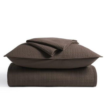 100% Cotton Modern Grid Stitch Quilt Set, Queen Size, Dark Brown | Pre-Washed Cotton Coverlet Bedspread, Oversized Lightweight 3-Piece Bedding Set for All Season, with 2 Pillow Shams - color: Dark Brown, size: Full/Queen (96" X 94")